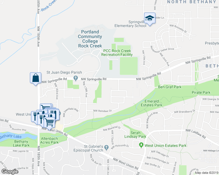 map of restaurants, bars, coffee shops, grocery stores, and more near 17516 Northwest Springville Road in Portland