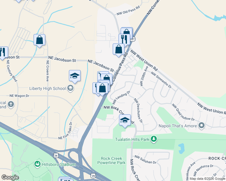 map of restaurants, bars, coffee shops, grocery stores, and more near 5887 Northwest 213th Place in Portland