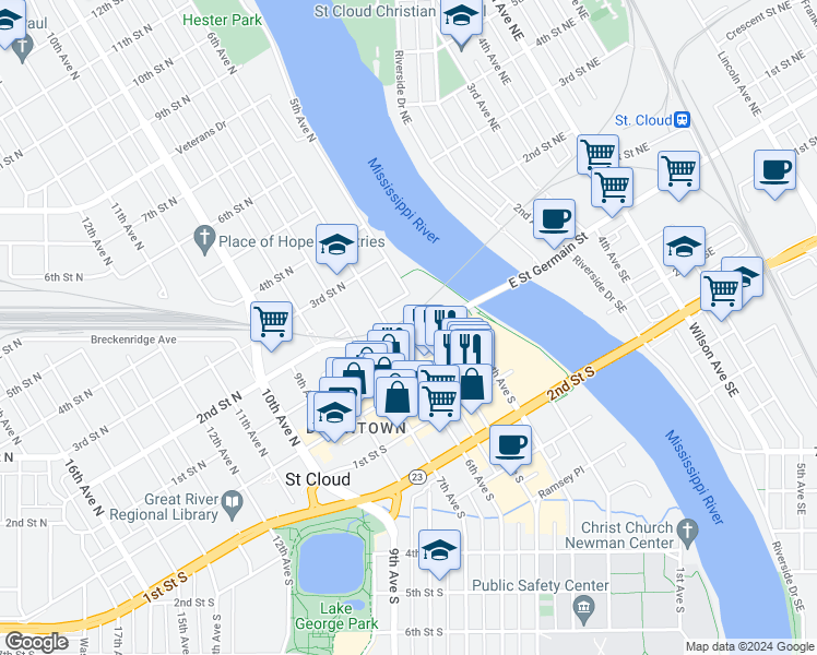 map of restaurants, bars, coffee shops, grocery stores, and more near 198 5th Avenue North in St. Cloud