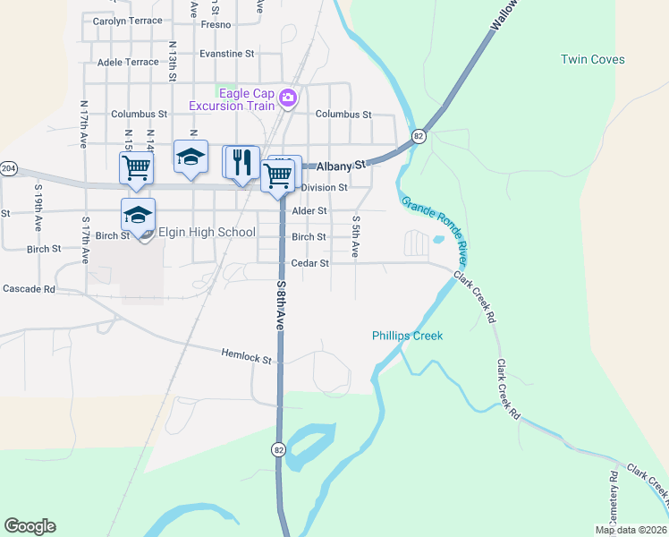 map of restaurants, bars, coffee shops, grocery stores, and more near 590 Cedar Street in Elgin