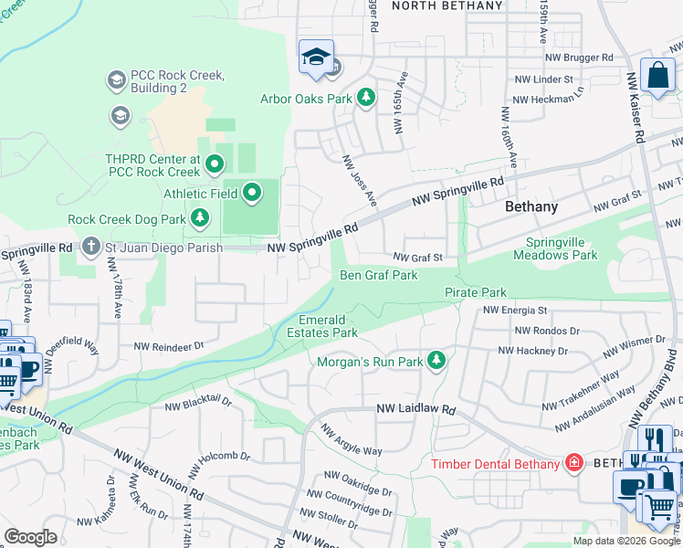 map of restaurants, bars, coffee shops, grocery stores, and more near 16965 Northwest Bernietta Court in Portland
