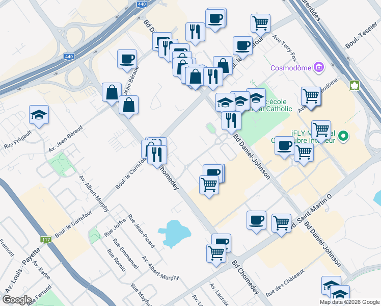 map of restaurants, bars, coffee shops, grocery stores, and more near 3875 Boulevard de Chenonceau in Laval