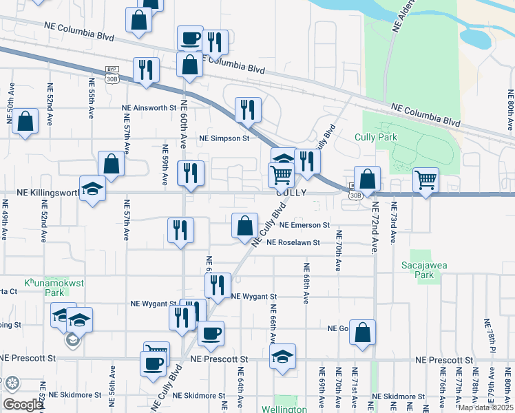 map of restaurants, bars, coffee shops, grocery stores, and more near 6444 Northeast Killingsworth Street in Portland
