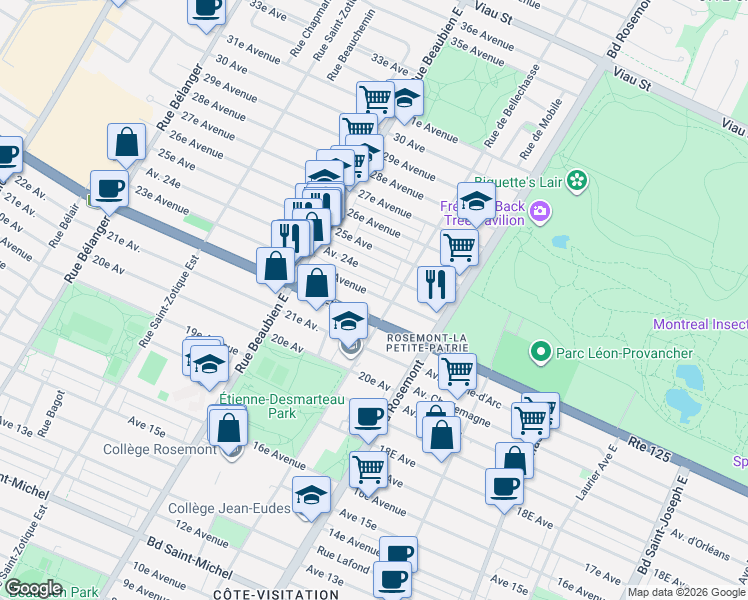 map of restaurants, bars, coffee shops, grocery stores, and more near 6314 23e Avenue in Montréal