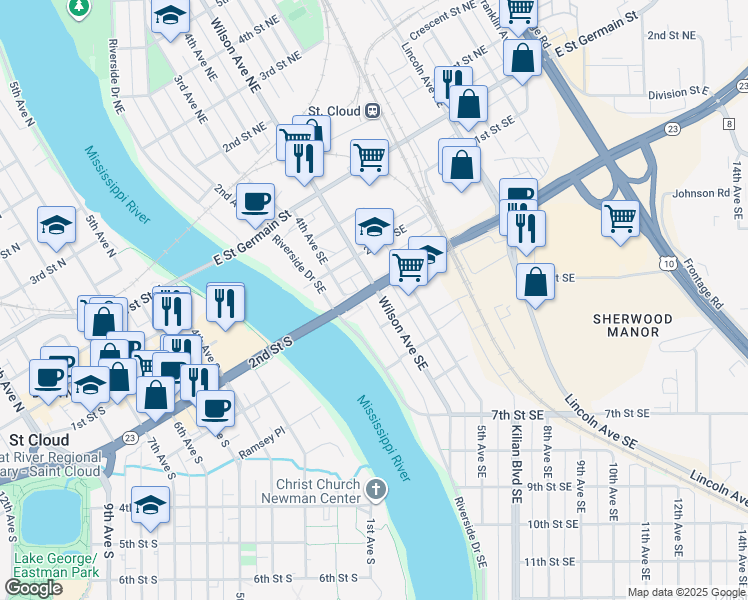 map of restaurants, bars, coffee shops, grocery stores, and more near 223 Wilson Avenue Southeast in St. Cloud