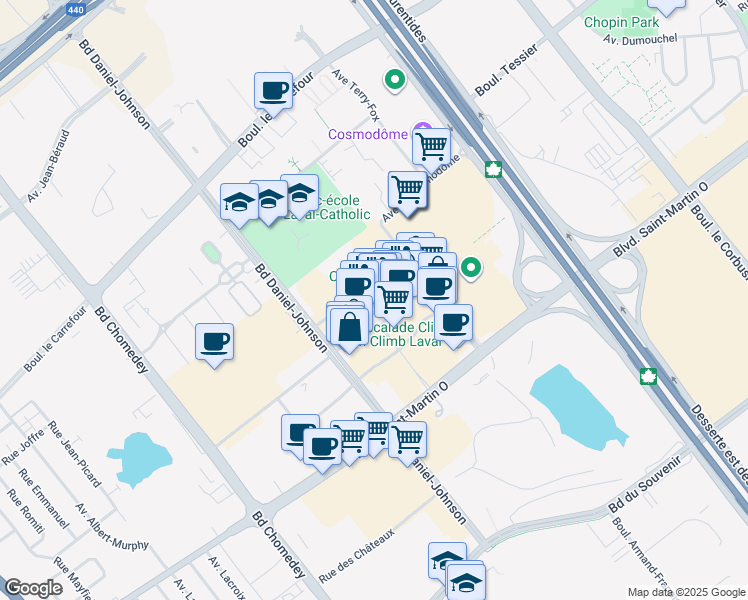 map of restaurants, bars, coffee shops, grocery stores, and more near 205 Promenade Du Centropolis in Laval