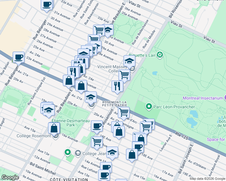 map of restaurants, bars, coffee shops, grocery stores, and more near 5964 24e Avenue in Montréal
