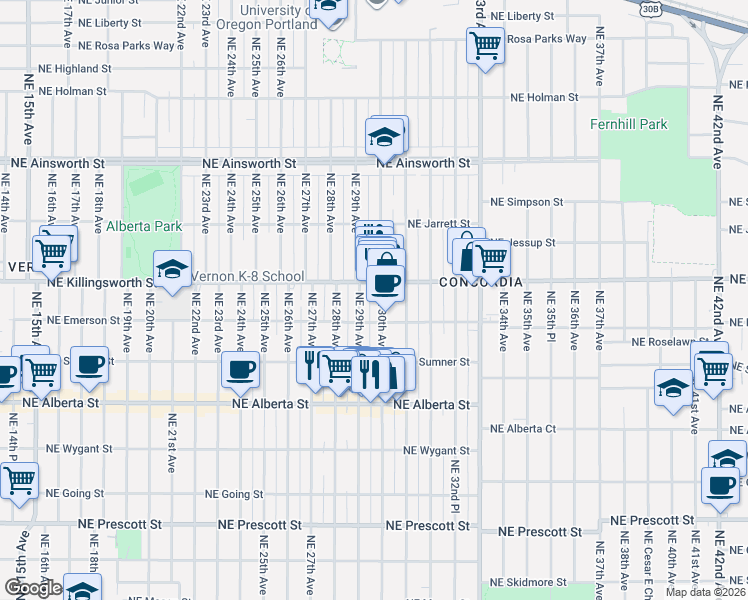 map of restaurants, bars, coffee shops, grocery stores, and more near 5405 Northeast 30th Avenue in Portland