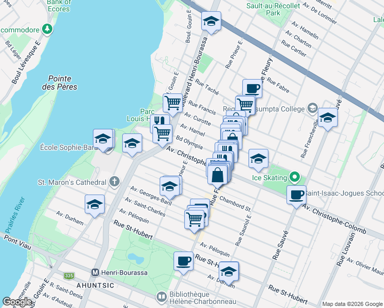 map of restaurants, bars, coffee shops, grocery stores, and more near 1414 Rue Prieur Est in Montréal
