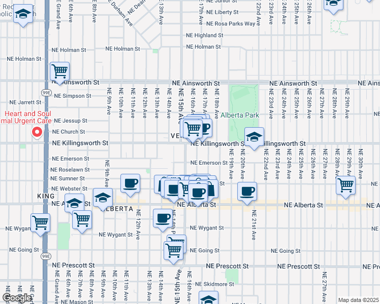 map of restaurants, bars, coffee shops, grocery stores, and more near 1540 Northeast Killingsworth Street in Portland