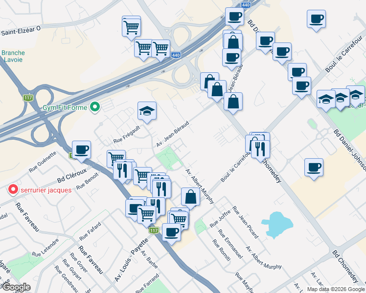 map of restaurants, bars, coffee shops, grocery stores, and more near 2309 Avenue Albert-Murphy in Laval