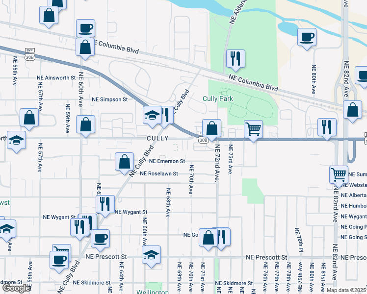 map of restaurants, bars, coffee shops, grocery stores, and more near 6850 Northeast Killingsworth Street in Portland