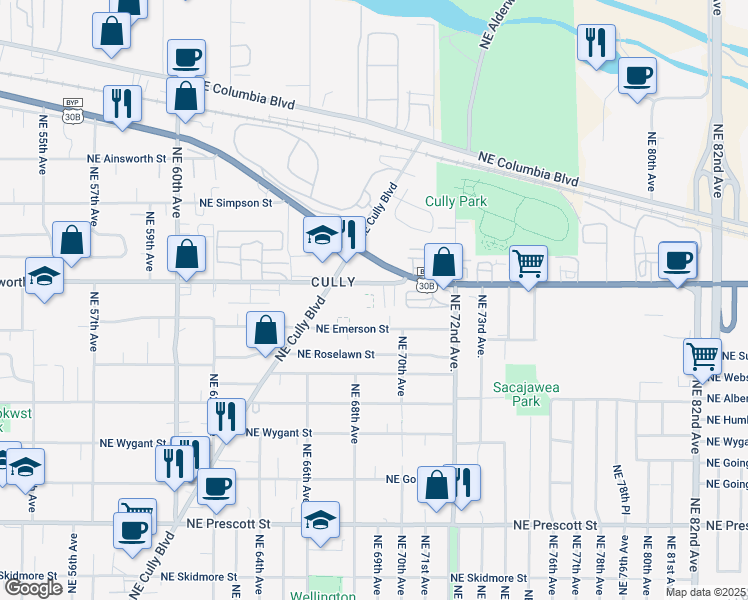 map of restaurants, bars, coffee shops, grocery stores, and more near 6850 Northeast Killingsworth Street in Portland
