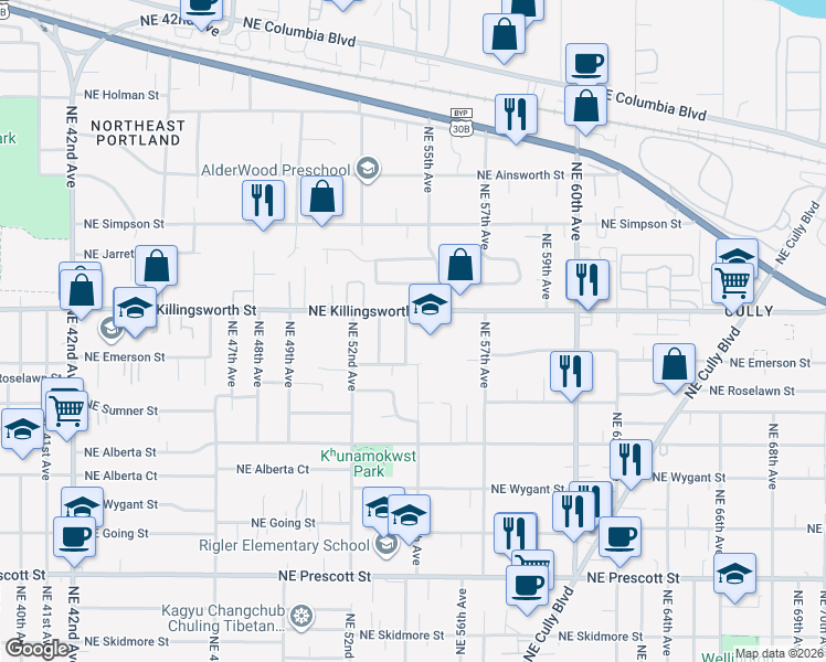 map of restaurants, bars, coffee shops, grocery stores, and more near 5520 Northeast Killingsworth Street in Portland