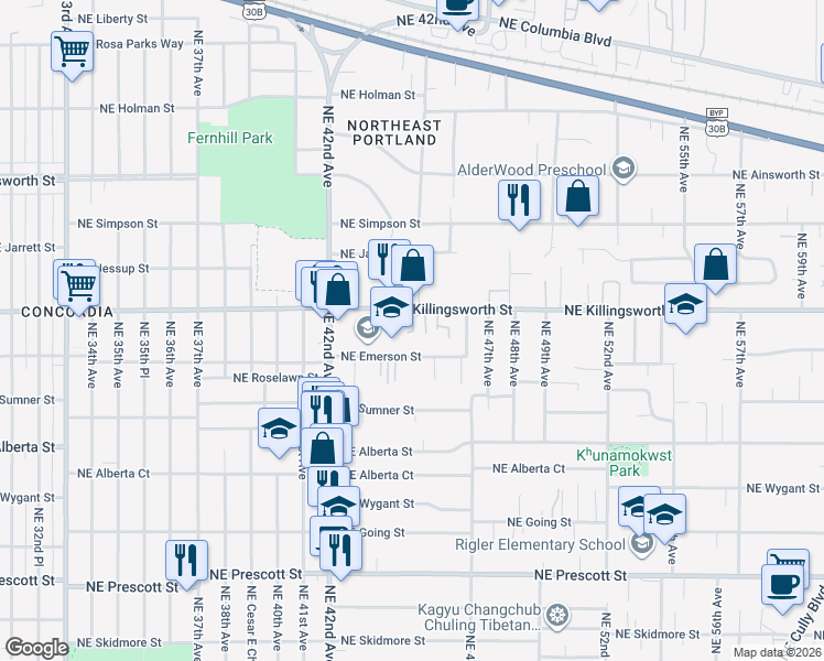 map of restaurants, bars, coffee shops, grocery stores, and more near 4430 Northeast Killingsworth Street in Portland