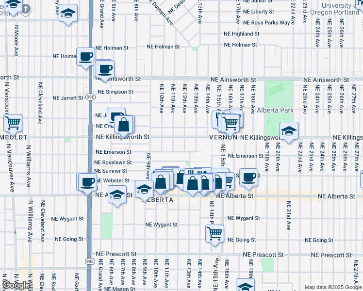 map of restaurants, bars, coffee shops, grocery stores, and more near 1122 Northeast Killingsworth Street in Portland