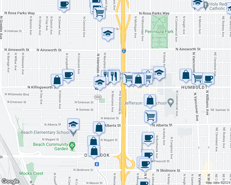 map of restaurants, bars, coffee shops, grocery stores, and more near 1212 North Killingsworth Street in Portland