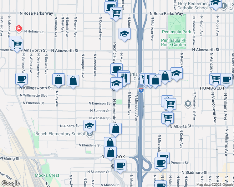 map of restaurants, bars, coffee shops, grocery stores, and more near in Portland