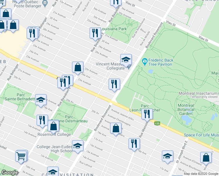 map of restaurants, bars, coffee shops, grocery stores, and more near 5968 24e Avenue in Montréal