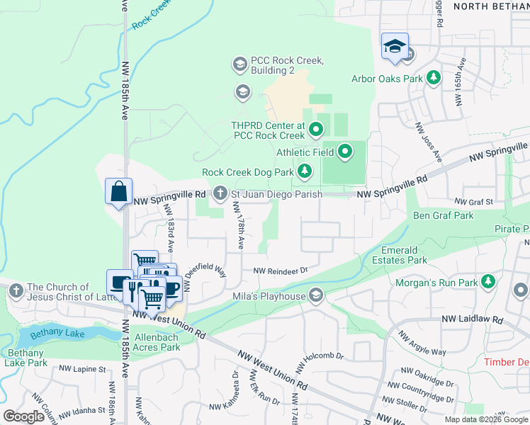 map of restaurants, bars, coffee shops, grocery stores, and more near 17662 Northwest Concordia Court in Portland