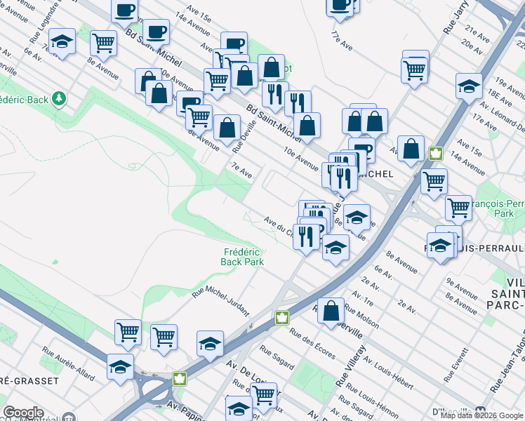 map of restaurants, bars, coffee shops, grocery stores, and more near 8205 Avenue du Cirque in Montreal