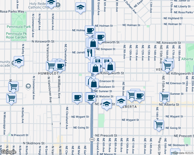 map of restaurants, bars, coffee shops, grocery stores, and more near 5420 Northeast 6th Avenue in Portland