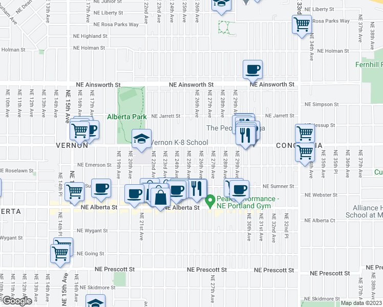 map of restaurants, bars, coffee shops, grocery stores, and more near 5418 Northeast 25th Avenue in Portland