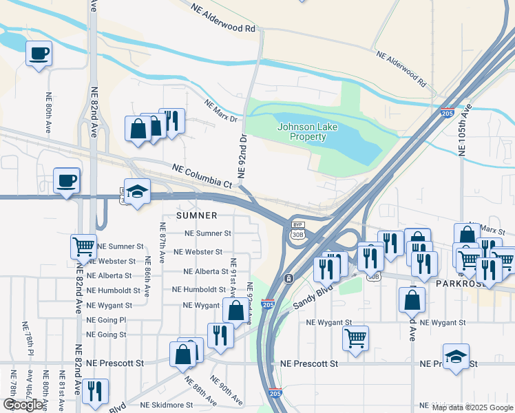 map of restaurants, bars, coffee shops, grocery stores, and more near 9199 NE Killingsworth St in Portland