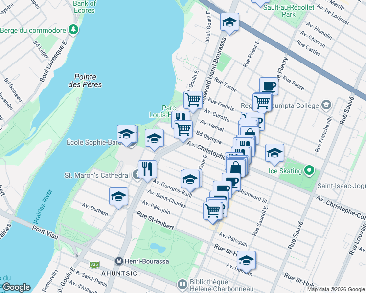 map of restaurants, bars, coffee shops, grocery stores, and more near 1380 Boulevard Henri-Bourassa Est in Montréal