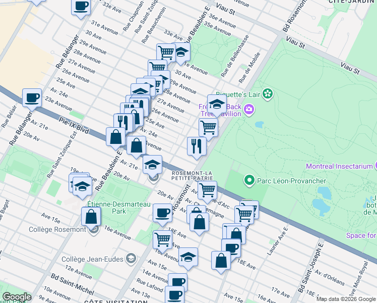 map of restaurants, bars, coffee shops, grocery stores, and more near 5966 Avenue 24e in Montréal