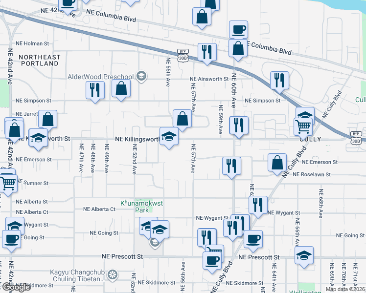 map of restaurants, bars, coffee shops, grocery stores, and more near 5620 Northeast Killingsworth Street in Portland