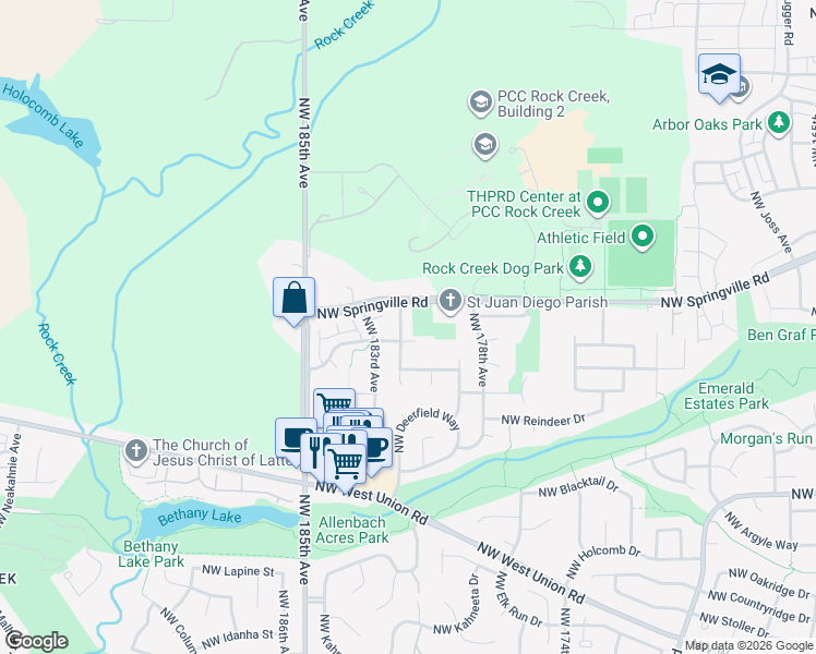 map of restaurants, bars, coffee shops, grocery stores, and more near 5906 Northwest 181st Avenue in Portland