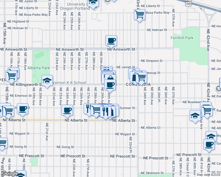 map of restaurants, bars, coffee shops, grocery stores, and more near 5400 Northeast 30th Avenue in Portland