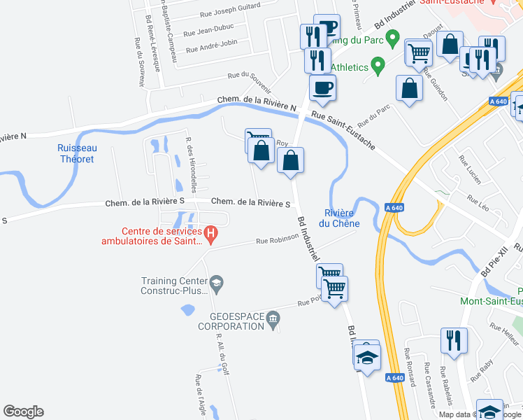 map of restaurants, bars, coffee shops, grocery stores, and more near 514 Chemin de la Rivière Sud in Saint-Eustache