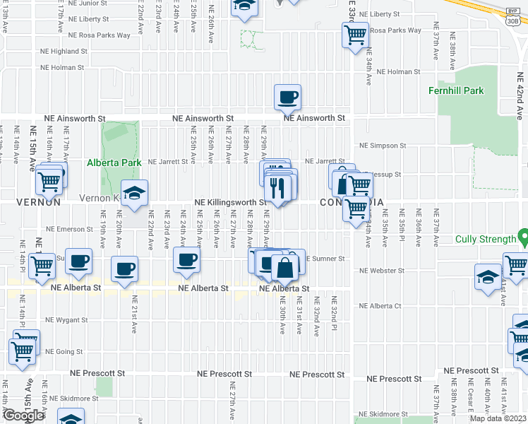 map of restaurants, bars, coffee shops, grocery stores, and more near 2908 Northeast Killingsworth Street in Portland