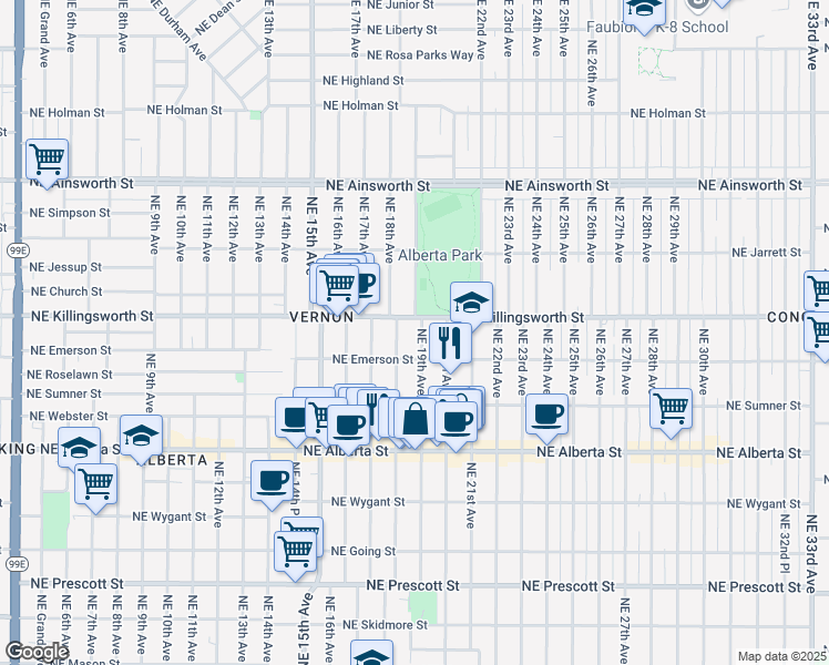 map of restaurants, bars, coffee shops, grocery stores, and more near 5431 Northeast 19th Avenue in Portland