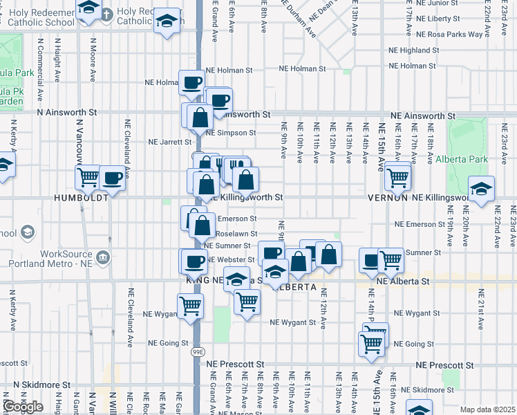 map of restaurants, bars, coffee shops, grocery stores, and more near 726 Northeast Killingsworth Street in Portland