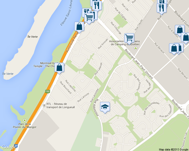 map of restaurants, bars, coffee shops, grocery stores, and more near Rue Lalande in Longueuil