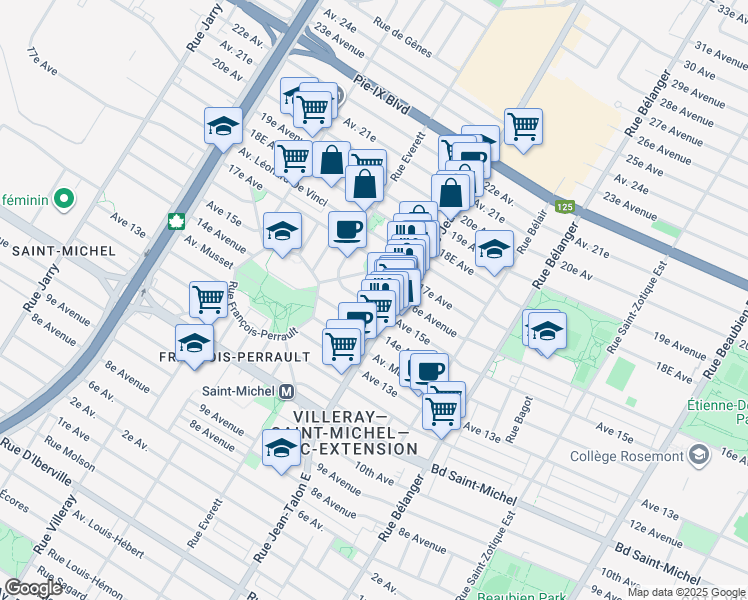 map of restaurants, bars, coffee shops, grocery stores, and more near 7253 15e Avenue in Montréal
