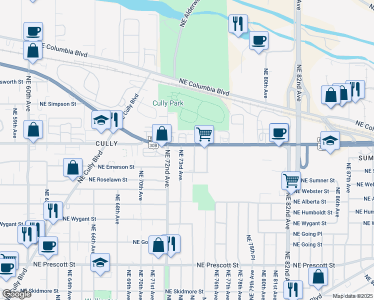map of restaurants, bars, coffee shops, grocery stores, and more near 7330 Northeast Killingsworth Street in Portland