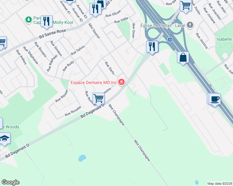 map of restaurants, bars, coffee shops, grocery stores, and more near 4109 Boulevard Dagenais Ouest in Laval