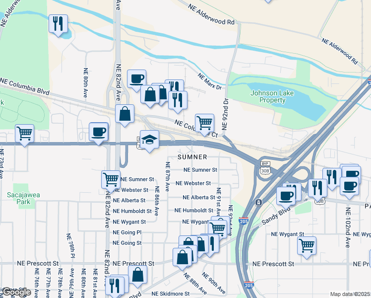 map of restaurants, bars, coffee shops, grocery stores, and more near 8828 Northeast Killingsworth Street in Portland