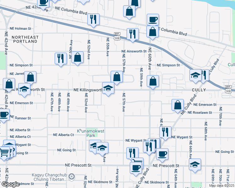 map of restaurants, bars, coffee shops, grocery stores, and more near 5620 Northeast Killingsworth Street in Portland