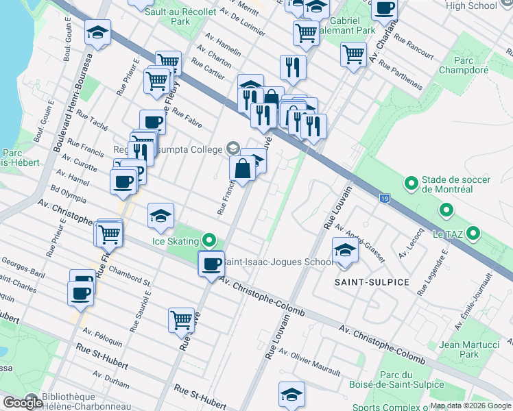 map of restaurants, bars, coffee shops, grocery stores, and more near 1631 Rue Louis-Alphonse-Venne in Montréal