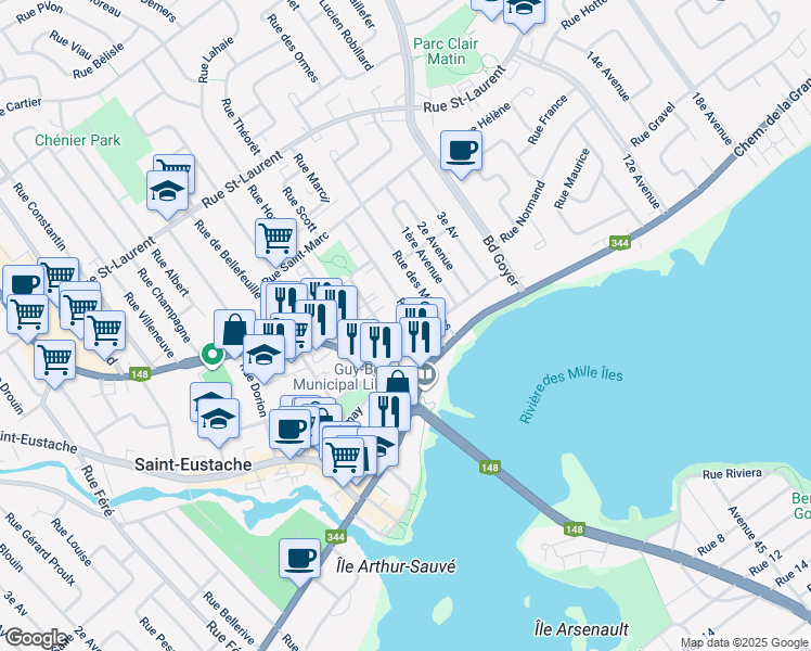 map of restaurants, bars, coffee shops, grocery stores, and more near 70 Rue Landry in Saint-Eustache