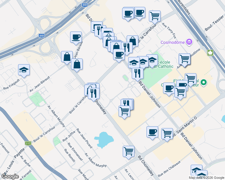 map of restaurants, bars, coffee shops, grocery stores, and more near 3875 Boulevard de Chenonceau in Laval