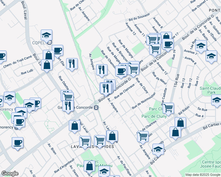 map of restaurants, bars, coffee shops, grocery stores, and more near 585 Boulevard de la Concorde Ouest in Laval