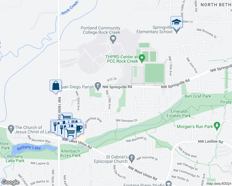 map of restaurants, bars, coffee shops, grocery stores, and more near 17718 Northwest Concordia Court in Portland