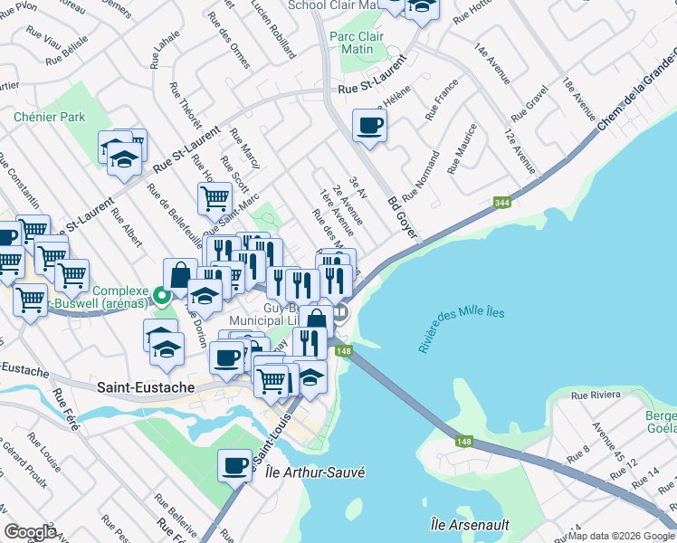 map of restaurants, bars, coffee shops, grocery stores, and more near 81 Rue Landry in Saint-Eustache