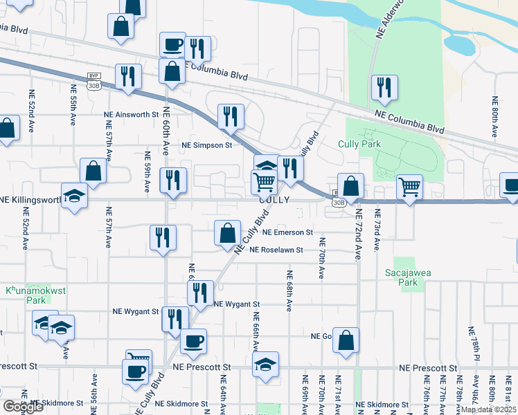 map of restaurants, bars, coffee shops, grocery stores, and more near 6616 Northeast Killingsworth Street in Portland